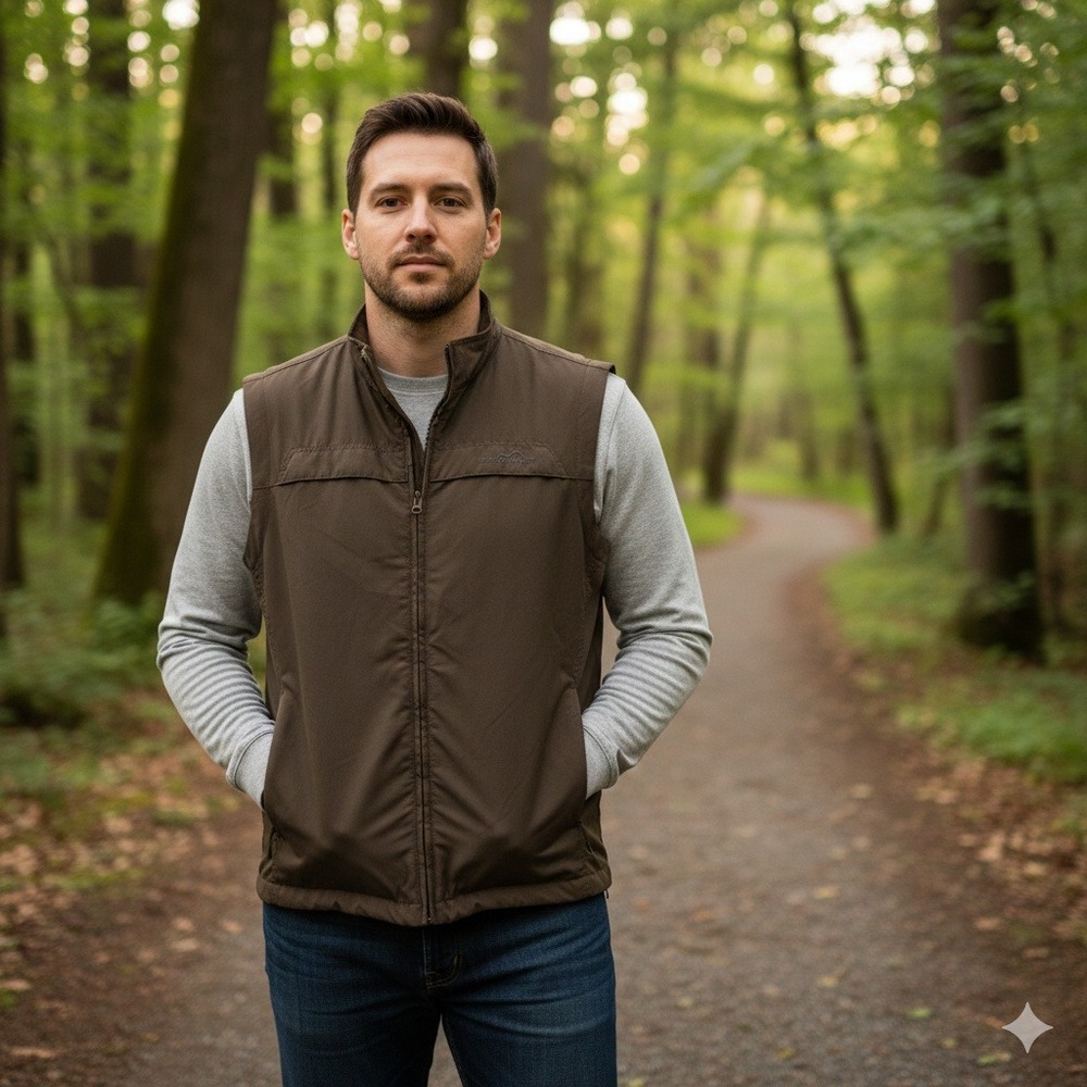 Eddie Bauer Mens Brown Full Zip Mock Neck Outdoor Vest Pocket XL Fishing Outdoor